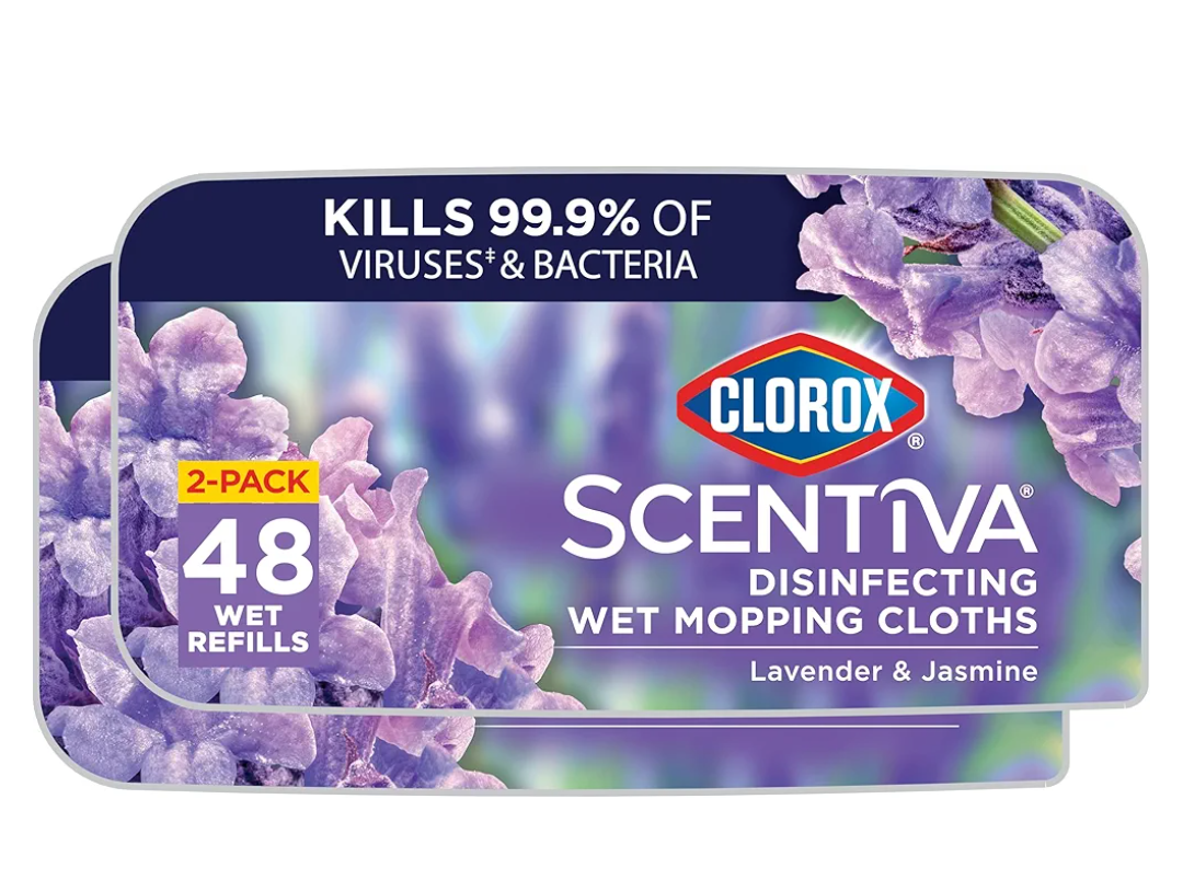 Clorox Scentiva Disinfecting Wet Mop Pad, Disposable Heads, Multi-Surface Floor Wipes, Lavender and Jasmine, 3 Packs, 24 Refills Per Pack, Total of 72