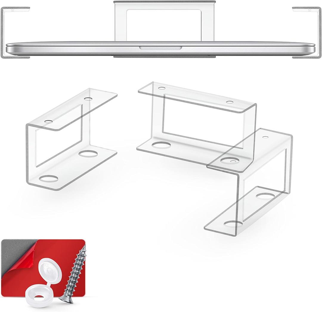 BRAINWAVZ Transparent Under Desk Laptop Holder Mount with Adhesive & Screw in, Devices Upto 1.8" Thick for Laptops, Macbooks, Surface, Cable Box, Routers, Keyboard, Modems, Network Switch & More