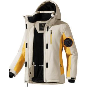 FREE SOLDIER Women's Waterproof Ski Snow Jacket Fleece Lined Warm Winter Rain Jacket with Hood Fully Taped Seams (X-Large, Light Khaki/Ginger Yellow)