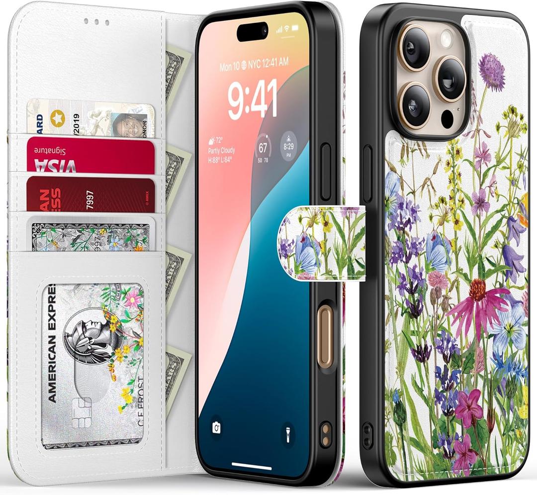 FUNMIKO for iPhone 16 Pro Case Wallet,Detachable Flip Folio Leather Cover,RFID Blocking 4 Card Holder,Magnetic Kickstand,Protective Phone Shell for Women Girls,Blooming Wildflowers