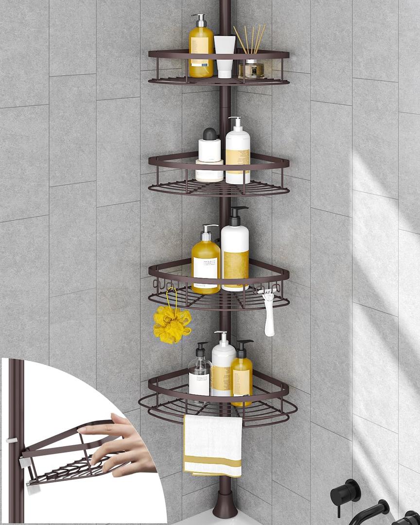 SEIRIONE Rustproof Shower Corner Caddy Organizer for Bathroom,Tension Pole with 4 Baskets, for Bathtub Storage Rack, 39 to 113 Inch Height, Bronze