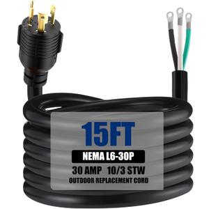 Kanayu 15 ft 10 Awg 3 Prong Replacement Power Cord Compatible with Nema L6-30p, 30 Amp 250v Welder Extension Cord with Open End for Welder Garage Heater Air Compressor, Etl Listed