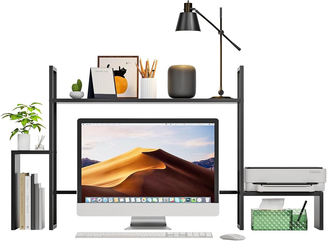 WelFurGeer LED Desk Shelf Organizer with RGB Light Strip, 2-Tier Desktop Shelf for Computer Monitor, Sturdy Metal Frame & Wood Shelves - Desk Hutch Bookshelf for Home Office, Dorm, Gaming (Black)