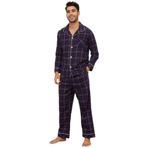 Vulcanodon Men's 100% Cotton Flannel Pajama Sets, Soft Plaid PJS Long Sleeve Sleepwear 2 Piece Button Down Lounge Set（Navy-Brown Plaid,Large）