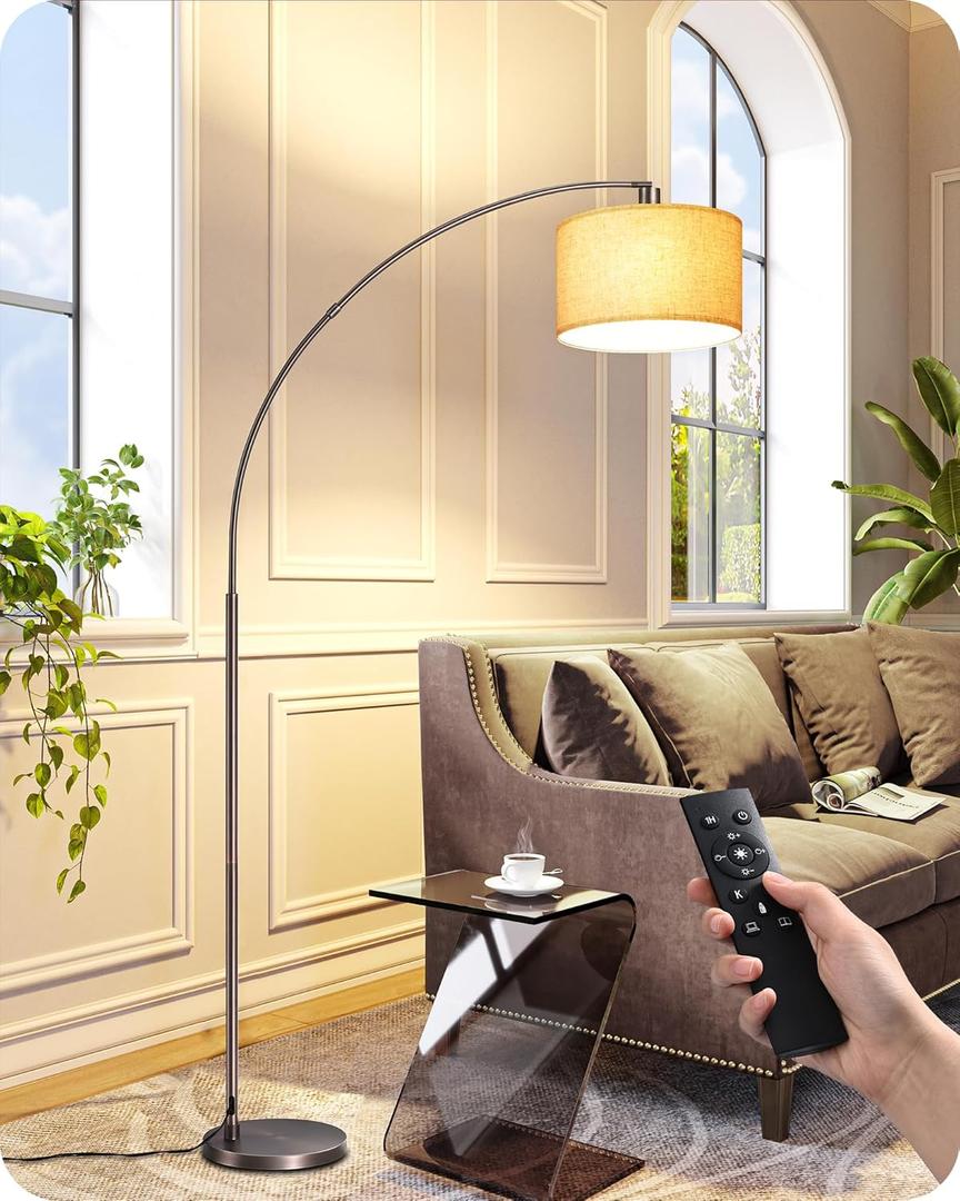 EDISHINE Dimmable Mid Century Modern Floor Lamp with Remote, Tall Arc Standing Lamps with Adjustable Drum Shade, Standing Corner Light for Living Room, Bedroom, Dining Room, Bronze