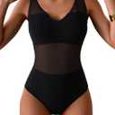 One Piece Swimsuit for Women Mesh Tummy Control Bathing Suit V Neck Slimming Swimwear (Large, Black)