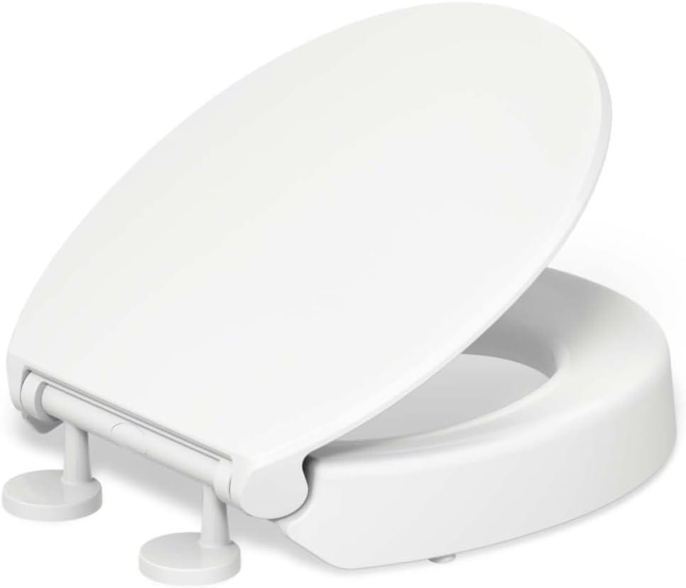 KOHLER 25876-0 Hyten Elevated Quiet-Close Round Toilet Seat, Contoured Seat with Grip-Tight Bumpers, Quick-Attach Hardware, White