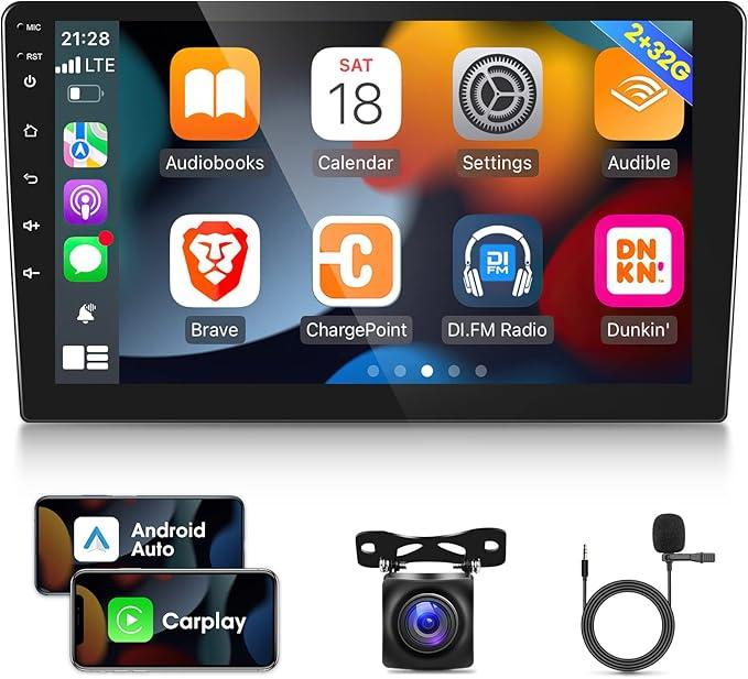 2G+32G] 10.1 inch Android 11 Double Din Car Stereo with Wireless/Wired CarPlay and Android Auto, Touch Screen Android Radio with Mirror Link/1080P/EQ/WiFi/SWC/Bluetooth +AHD Backup Camera+MIC