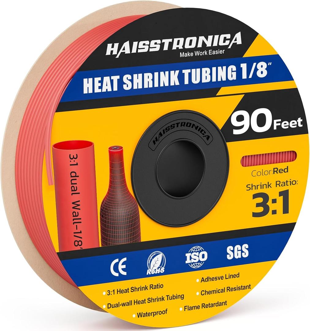 haisstronica 3:1 Heat Shrink Tubing, Shrink Ratio Adhesive Lined Marine Grade Heat Shrink Tube for Home, Automotive and Industrial (Red) 90FT 1/8inch