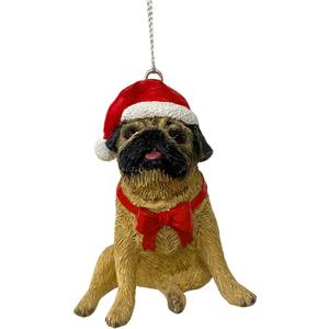 Yuletide Designs Dog Figurine Christmas Ornaments with Santa Hats (Pug - Fawn)