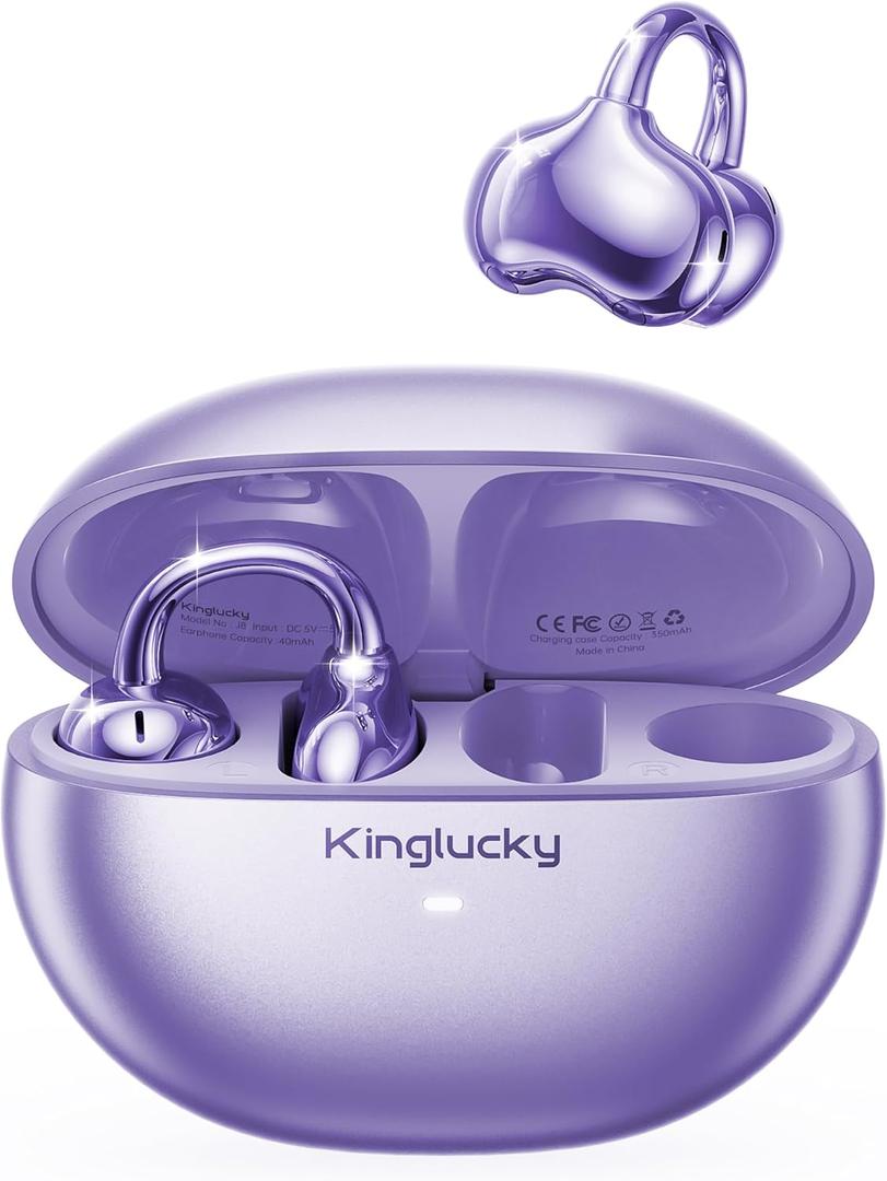 Kinglucky Upgraded Clip-On Earbuds Comfortable fit & Crystal-clear Sound, 40H Playtime Open Ear Buds Bluetooth 6.0 Wireless Headphones for Women Ideal for Small Ears, Sports & Workouts, Glasses Purple