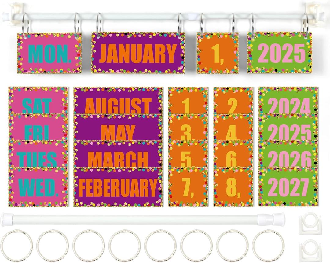 Confetti Calendar Bulletin Board Set Colorful Dot Flip Calendar with Holder Confetti Classroom Decoration with 54 Date Cards Adjustable Calendar Holder for Classroom Home Decor Supplies