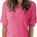 Dokotoo Women's Casual Short Sleeve Loose Crochet Tunic Tops Lightweight Knit Pullover Sweater Blouses (Pink, S)