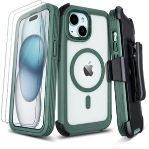 Defender for Clear iPhone 15 Case with Belt Clip Holster + 2 Screen Protectors, Compatible with MagSafe, Anti-Yellowing, Full-Body Phone Cover for iPhone 15 Case (Clear & Green)