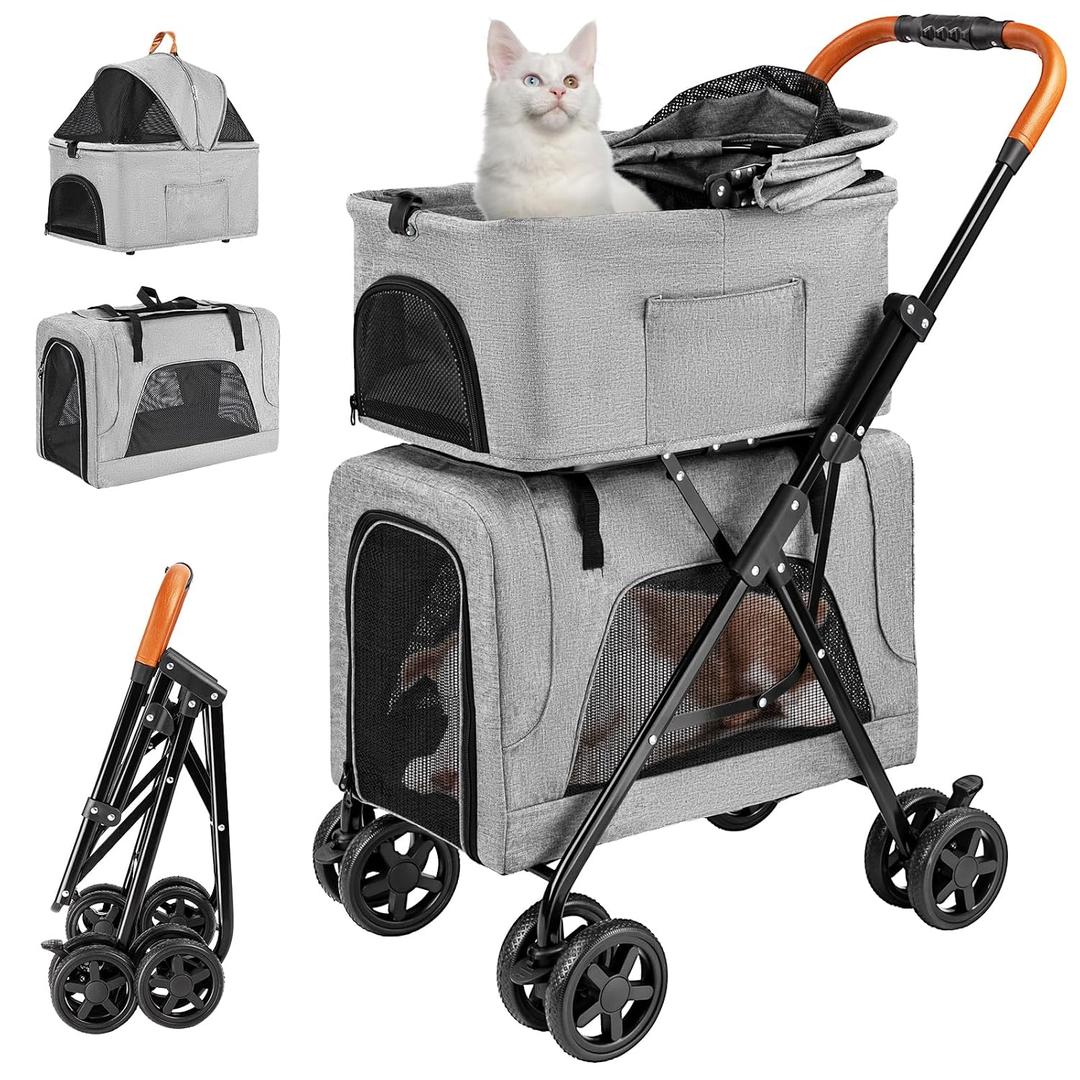 LPOTIUS Double Cat Stroller for 2 Cats or Dogs, Detachable Carriers, Gray