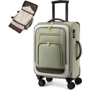 LOVEVOOK Carry on Luggage 22x14x9 Airline Approved with Garment Folder & Spinner Wheels, 22 Inch Large Rolling Carry-on Suitcase, Softside Lightweight Underseat Luggage for Women Travel Overnight, 49L (Green-beige)