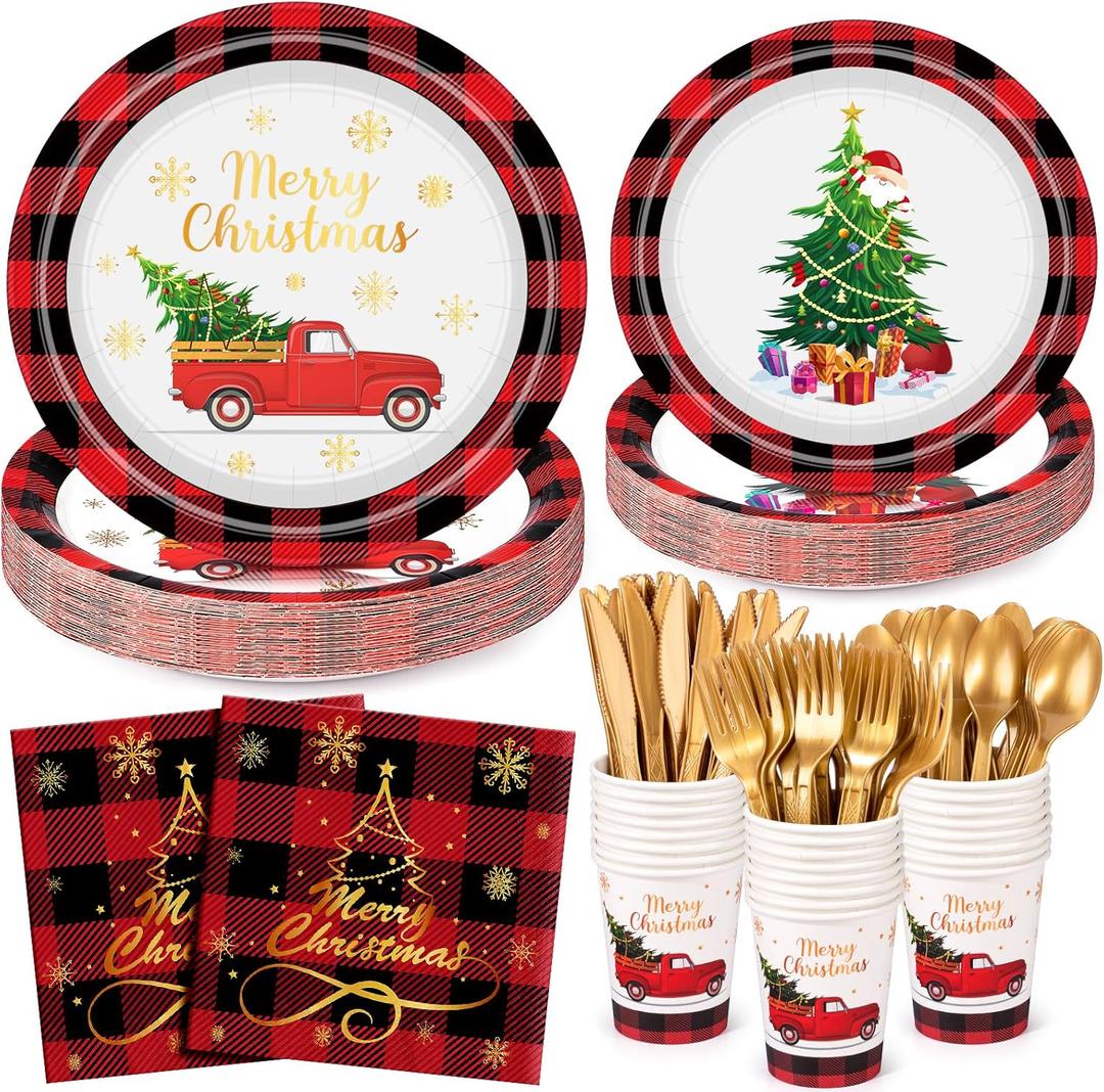 UAREHIBY 175 PCS Christmas Plates and Napkins Party Set, Christmas Paper Plates Disposable Serve 25 Guests, Xmas Plate Dinnerware, Xmas Dessert Plate Cups Napkins Knives Forks Spoons