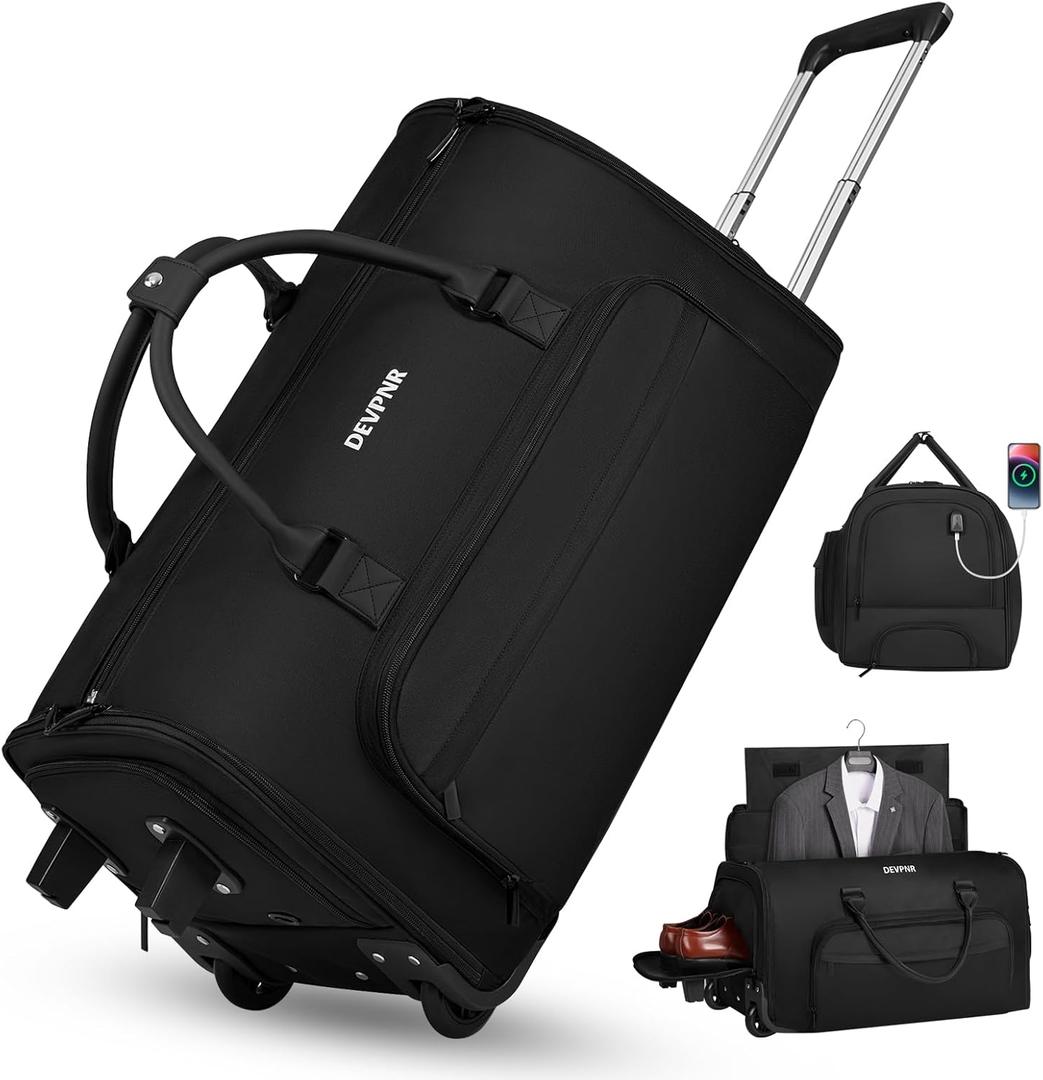 Rolling Garment Bags for Travel, 59L Rolling Duffle Bag with Wheels and Shoe Compartment for Men and Women, 3 in 1 Carry on Convertible Travel Garment Bag with Wheels, Black