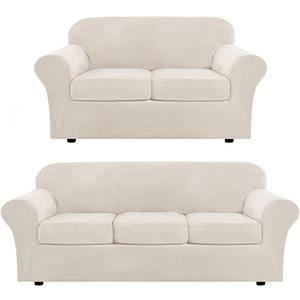 H.VERSAILTEX 4 Pieces Velvet Plush Sofa Slipcover Bundle 3 Pieces Velvet Plush Loveseat Cover, Ivory