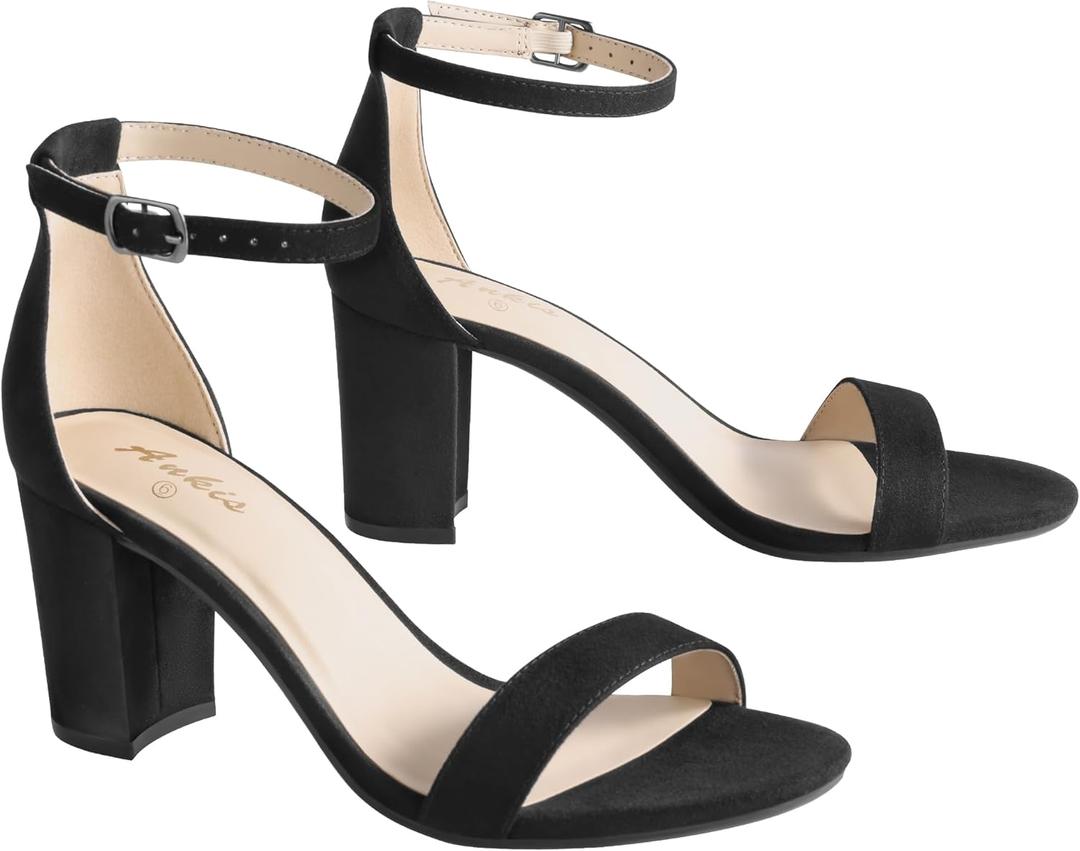 Ankis Heels for Women Open Toe Ankle Strap Chunky Heel Sandals 2.75 Inch (Black), 9.5B