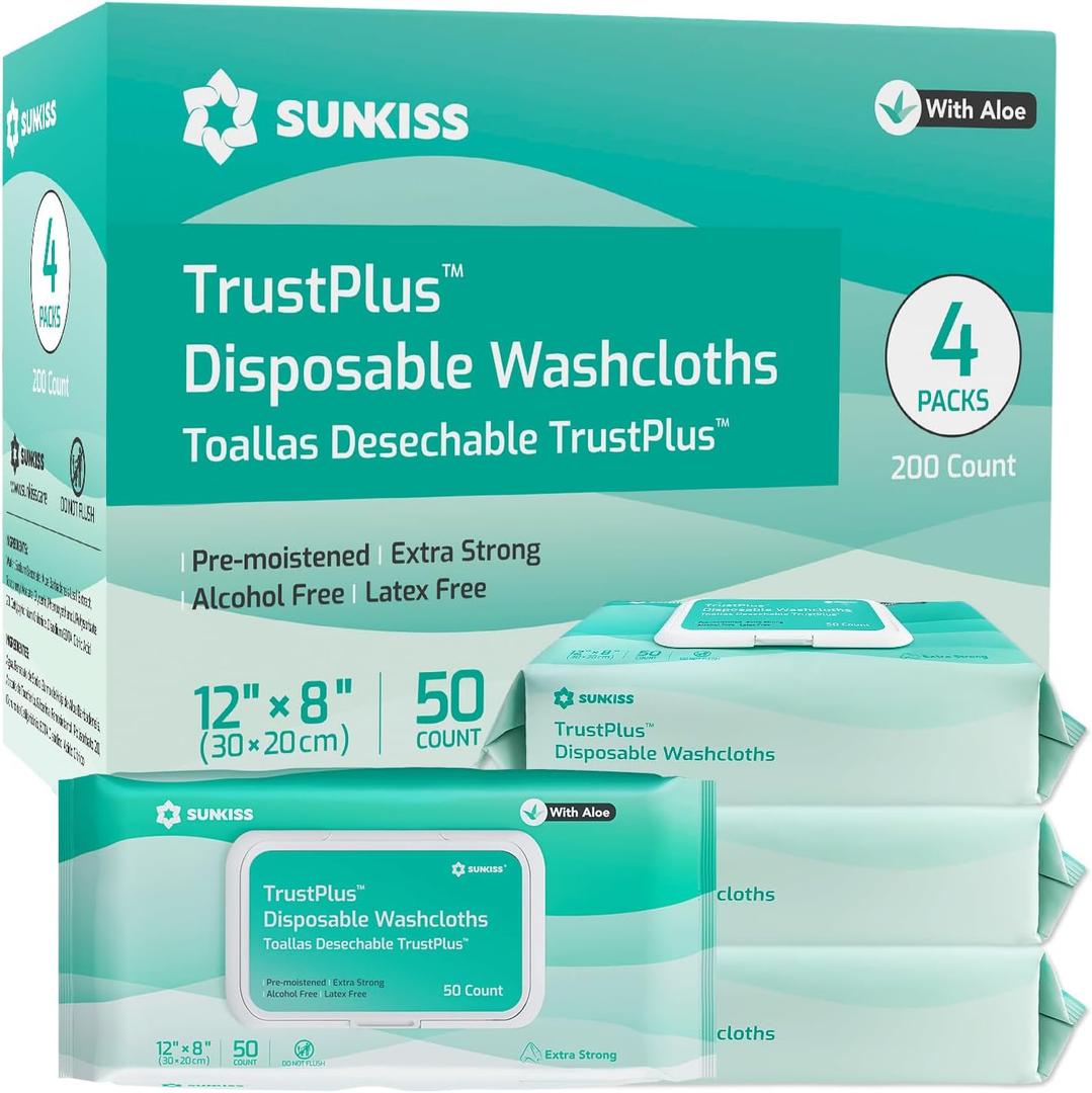SUNKISS Trustplus Wet Wipes for Adult No Rinse, Extra Large 8x12 Body Cleaning Washcloths for Elderly Incontinence & Cleansing, 200 Count (4 Packs of 50) (50 Count (Pack of 4))