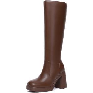 Athlefit Black Knee High Boots for Women Platform Tall Boots Fashion Square Toe Chunky Heeled Booties (9, Brown)