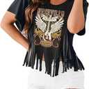 Nashville Tshirt for Women Country Concert Shirt Cowgirl West Music Rock Band Tee Vintage Graphic Fringe Tassel Top (XX-Large, Black)
