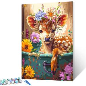 Sika Deer with Flowers in a Bathtub Paint by Number Cute Deer Animal Flowers Painting DIY Painting on Canvas with Brushes Paints Paint by Numbers for Adults and Beginner 16x20 Inchwithout Frame (2 pack)