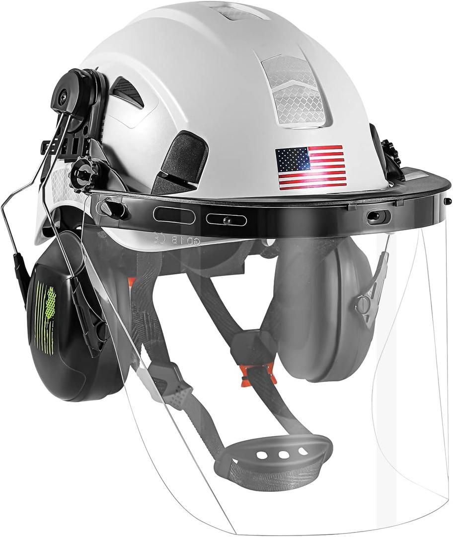 Forestry Safety Helmet Chainsaw Helmet with Polycarbonate Full Clear Visor and Ear Muffs 3 in 1 Forestry Hard Hat (White+Clear PC face shield)