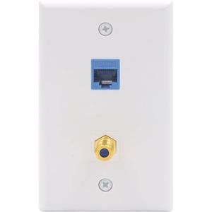 VCE Ethernet Coax Wall Plate (UL Listed), 2-Port Coax and Ethernet Wall Outlet with CAT6 Keystone Coupler and 3GHz Gold Plated Coaxial Keystone Jack Insert, Blue 1-Pack