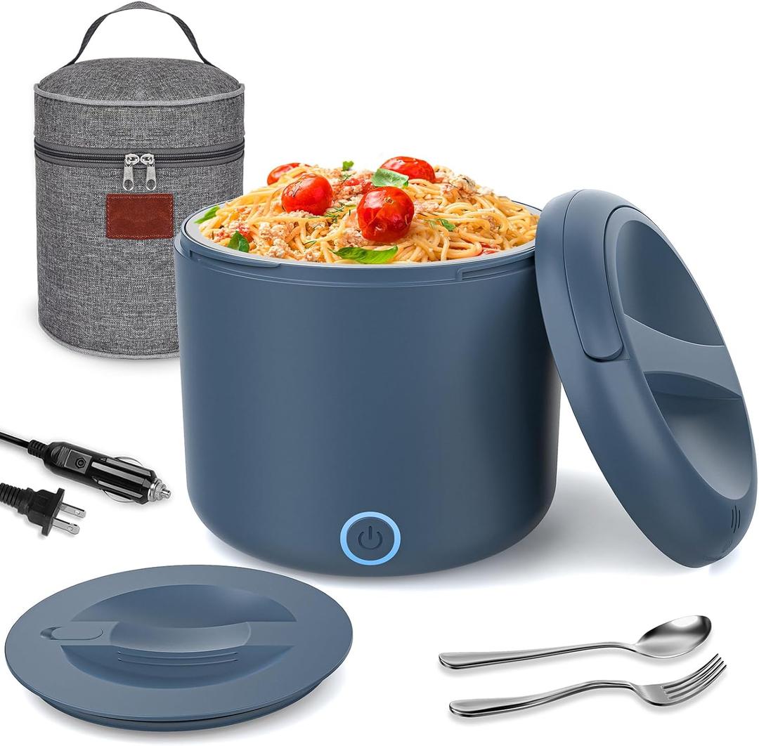 Electric Lunch Box Food Heater, 1.2L/41oz Heated Lunch Boxes for Adults, 12V/24V/110V Portable Food Warmer for Car/Truck/Office With Fork Spoon and Insulated Carry BagBlue