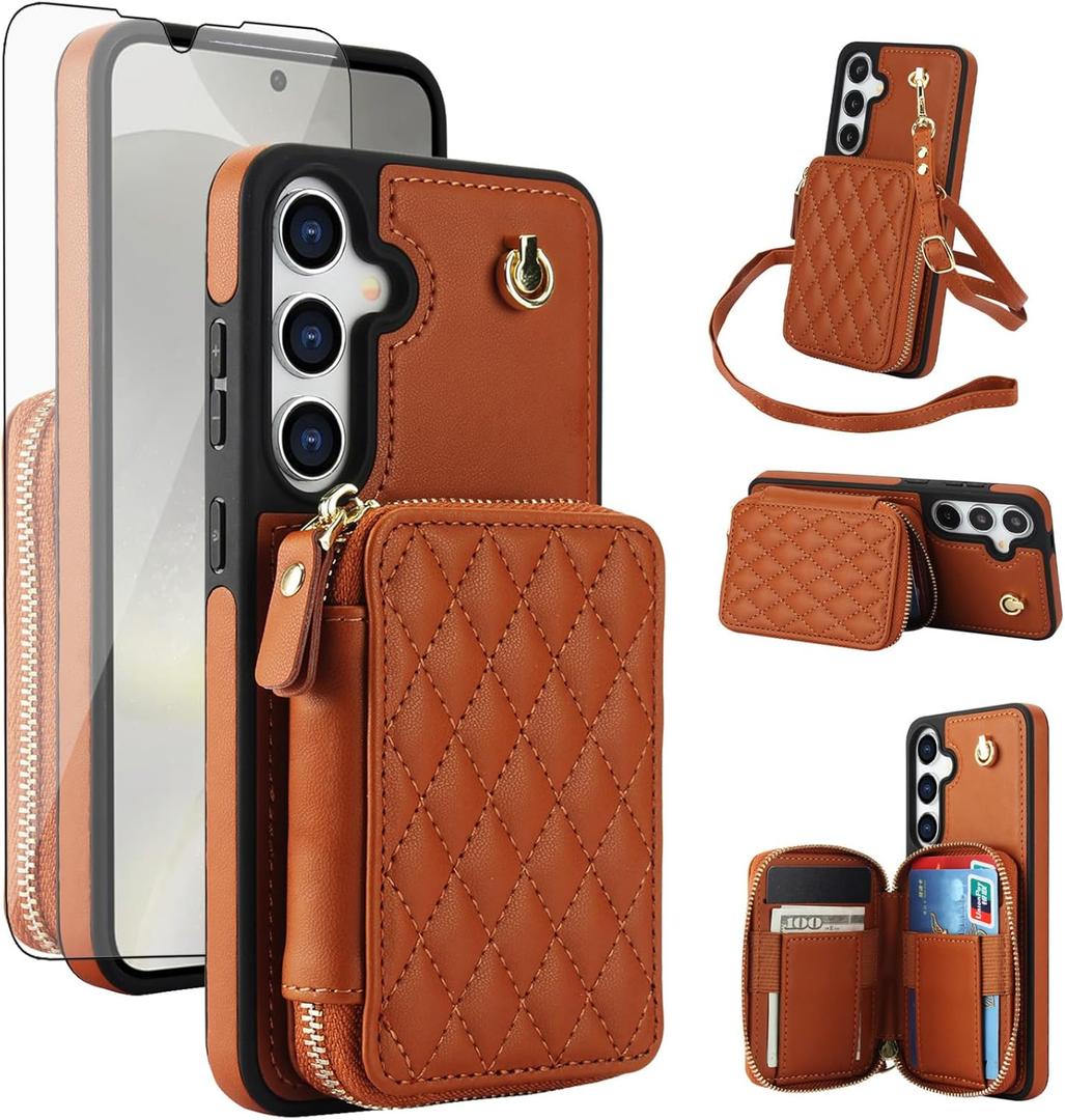 Asuwish Phone Case for Samsung Galaxy S25 5G Wallet Cell Cover with Tempered Glass Screen Protector Wrist Crossbody Strap RFID Blocking Credit Card Holder S 25 25S 25 25S SM-S931U Women Girls Brown