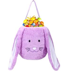 Plush Easter Bunny Basket, Monogrammed Bunny Easter Buckets with Long Plush Ear, Egg Hunting Easter Gift Bags Easter Tote Bags for Easter Decorations Candy Gifts