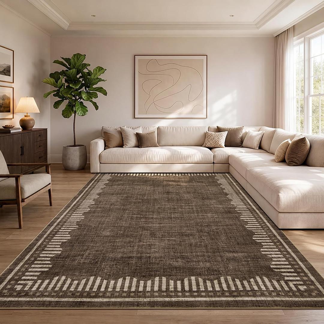 Garvee Living Room Washable Area Rugs 9x12 Brown Neutral Scalloped Carpet