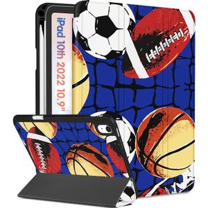 iPad A16 Case 2025 - for iPad 10th Generation Case Cute Men Boys Kids Teens Basketball Design Unique Cool Pencil Holder Auto Sleep/Wake Tablet Cover for Apple 11/10 10.9 Inch (7-Balls)