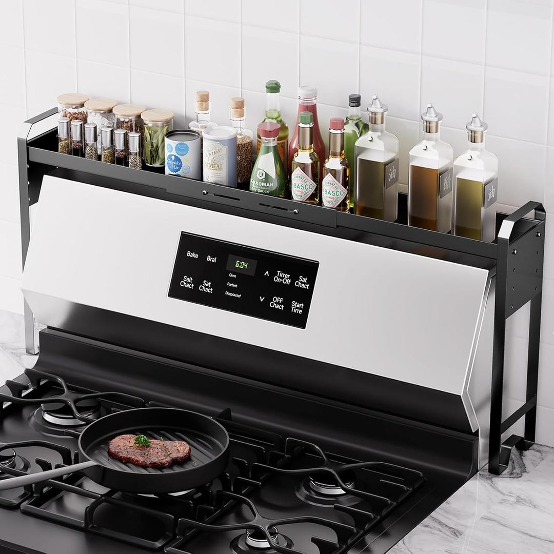Kitchen Spice Rack Over The Stove, Shelf for Back of Stove, Stove Top Shelf for Seasoning Organizer, Over Oven Shelf, Countertop, Expandable Length 27.3''-32.6'', 4 Adjustable Height (Black, Normal)