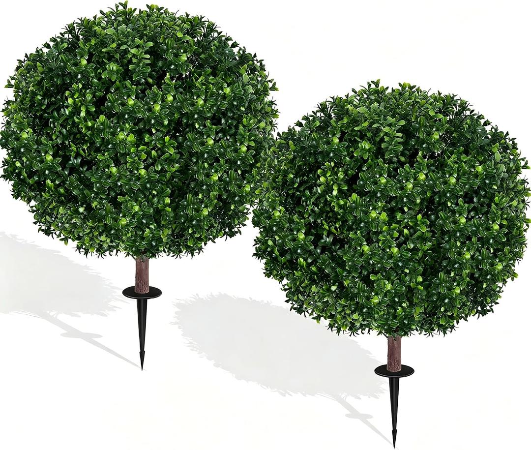 27.5" Artificial Boxwood Topiary Ball Tree, Set of 2 Fake Bushes Shrubs with Ground Spike, UV Resistant Faux Evergreen Boxwood Trees for Front Porch Planters Outdoor Garden Decor