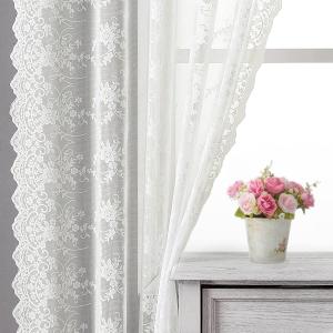 Kotile Lace Curtains 108 Inch Length - Vintage Vine Floral Embroidered Lace Sheer Curtains for Living Room, Rod Pocket Privacy Scalloped Lace Curtains 2 Panels Set, 52 x 108 Inch, Ivory