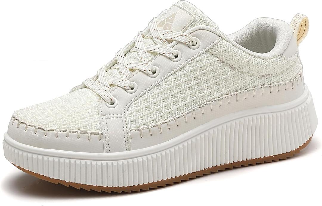 Womens Platform Sneakers Comfortable Casual Arch Casual Tennis Walking Shoes White Beige US 6