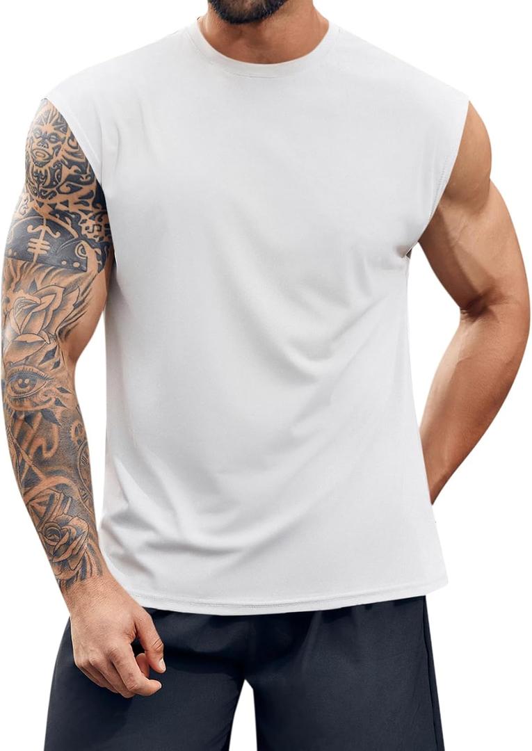 Runcati Mens Workout Tank Top Sleeveless Shirt Quick Dry Muscle Gym Bodybuilding Fitness Training T Shirts Medium, White