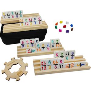 Mexican Train Dominoes Set with Numbers and 4 Wooden Racks, Double 12 Domino Travel Set with Wooden Hub, 91 Colored Domino Tiles Game Set with for Family Game Night