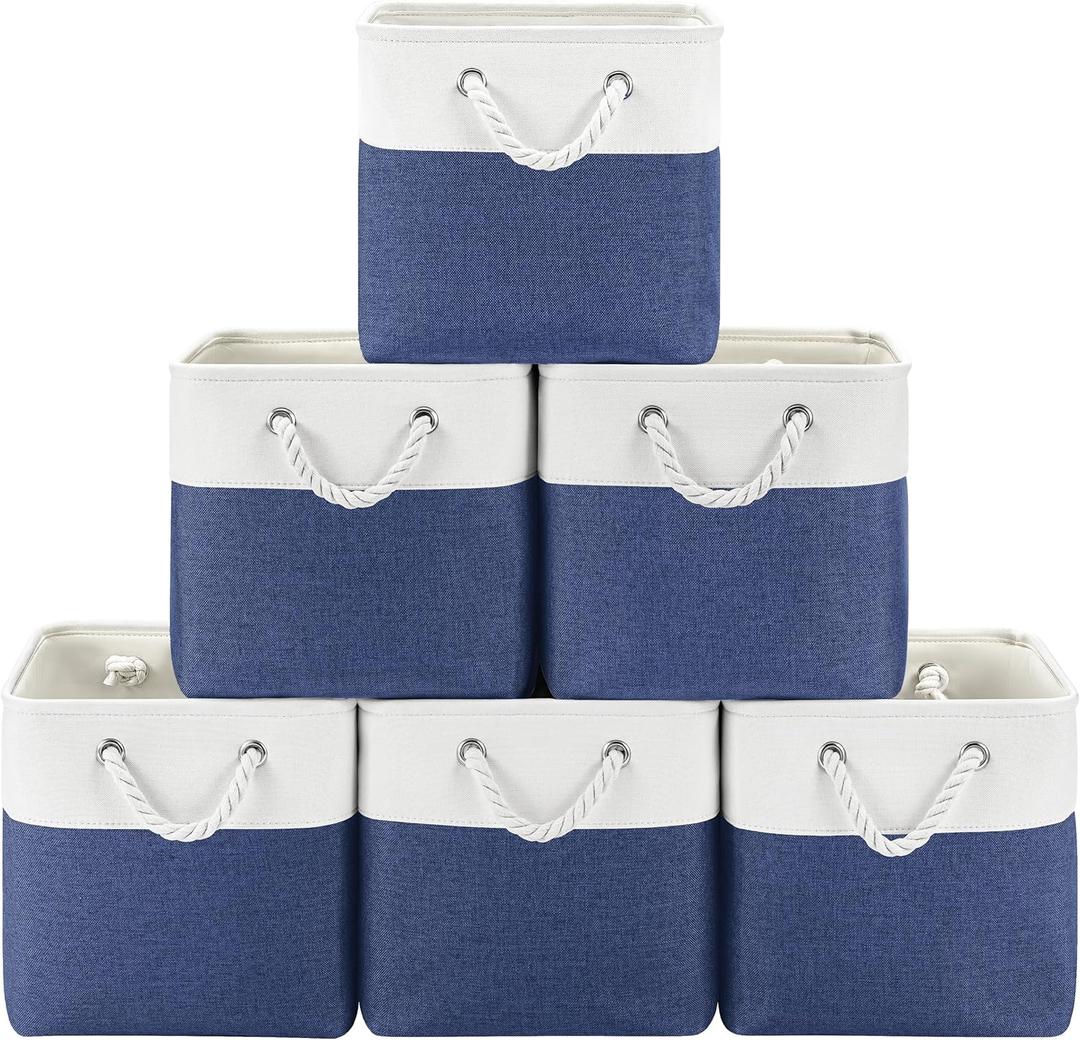 11x11 Cube Storage Bins, 6 Pack Foldable Fabric Organizer Bins with Rope Handles, Storage Cubes for Bedroom, Living Room, Clothes and Toys, Shelves and Closet (White & Blue)