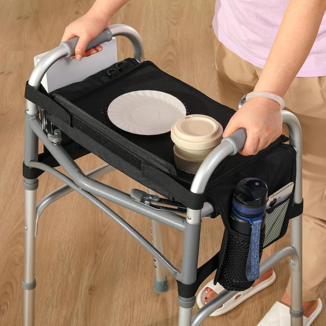 Tray for Walkers for Seniors with Cup Holder - Walker Accessories w/Pockets, Cup Holder & Non Slip Mat for FoodMobility Trays Fits Most Standard Folding Walkers, Removable & Easy Assembly (RIGHT-HANDED)