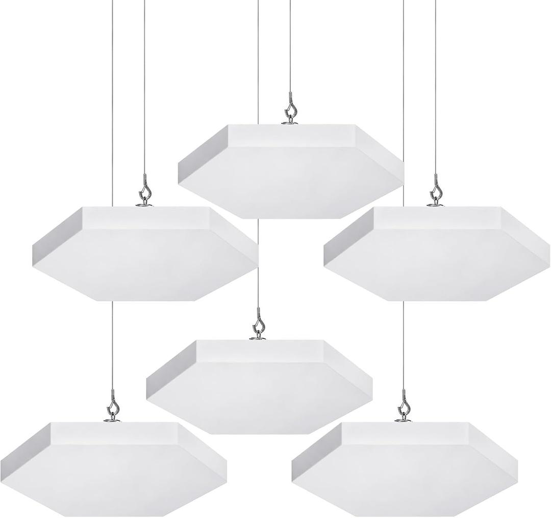 8 Pack Ceiling Acoustic Panels, Hexagon Coated Fiberglass Soundproof Panels with Hanging Hardware, 14.2×12.4×1.2 Inches, White Thick Acoustic Tiles for Home Theater, Studio, Office