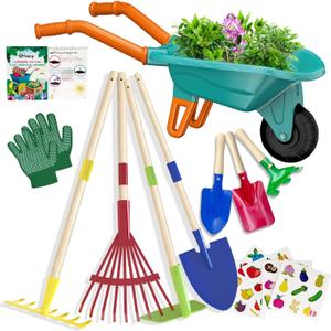 Qtioucp Kids Gardening Tools Outdoor Toys Set Backyard Play with Wheelbarrow Educational STEM Learning Pretend Toys Outdoor Indoor for Toddlers Kids Boys Girls (Green)