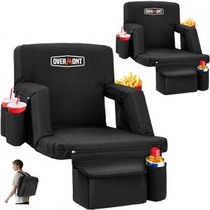 Overmont 2PCS Stadium Seat with Back Support - 2.8'' Padded Cushion 6-Position Recliner Bleacher Seat with Dual Hooks Backpack Straps Cup Holders Pockets - Portable Stadium Chair for Sports Concerts