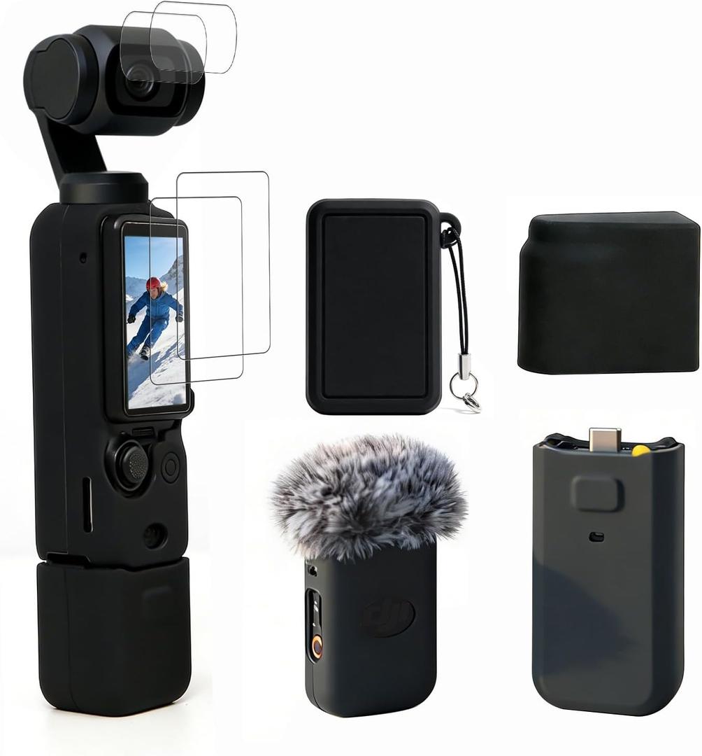 Case for DJI Osmo Pocket 3/Xtra Muse Camera, Soft Silicone Protective Case, Slim Fit Skin with mic Cover and Screen Protector Accessories for Osmo Pocket 3/Xtra Muse,Anti-Scratch (Black)
