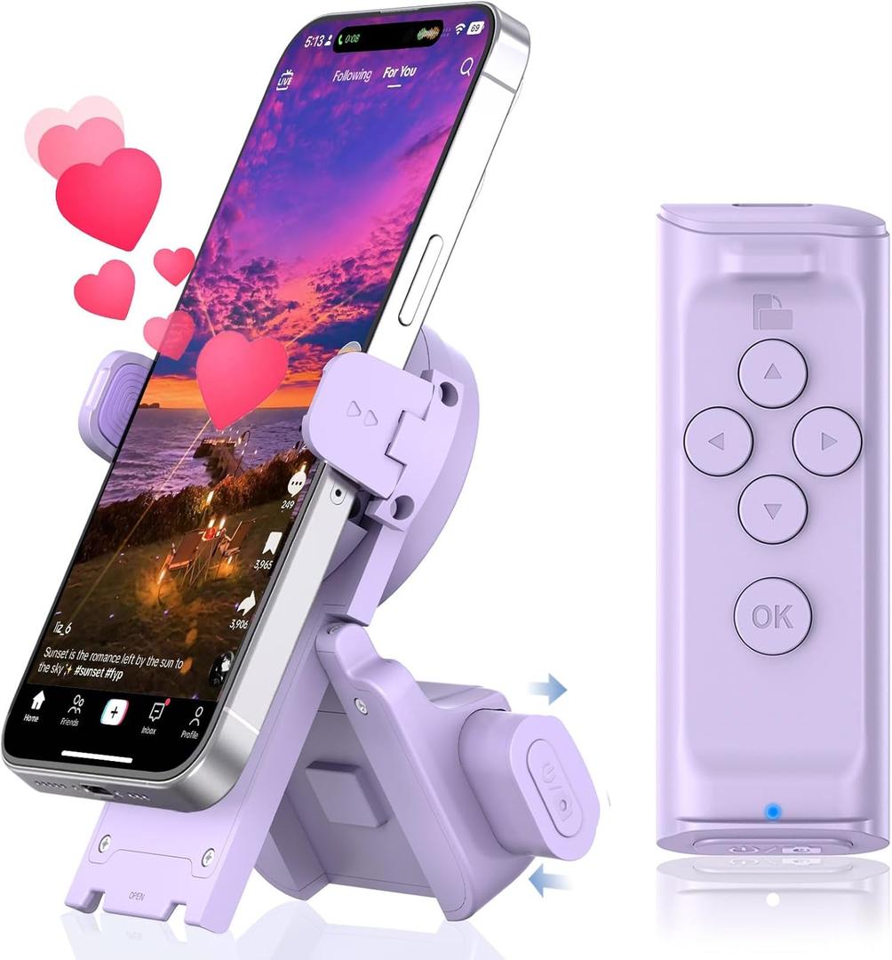 MILOUZ Remote Control Scrolling for Tiktok with Phone Stand, Page Turner for Kindle App E-Book, Bluetooth Camera Shutter Remote for iPhone, Android, iOS, iPad, Tablet (Purple)