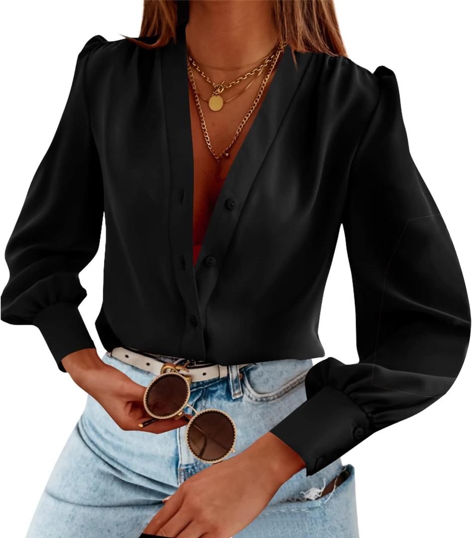 Women's Business Casual Tops Summer Long Sleeve Button Down Shirts V Neck Chiffon Blouses (Large)