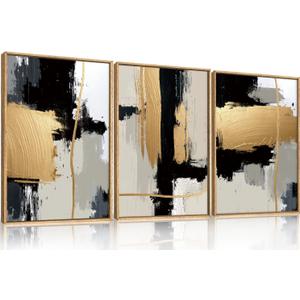 Abstract Black Gold Framed Canvas Wall Art Set,Modern Minimalist Black White Wall Decor,Neutral Color Block Line Art Print for Living Room,Bedroom,Dining Room,Office-24 x36 x3